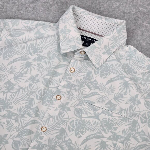 Mizzen Main Shirt Mens Large Trim Fit White Floral Palm Leaf Performance Wicking - Picture 1 of 12